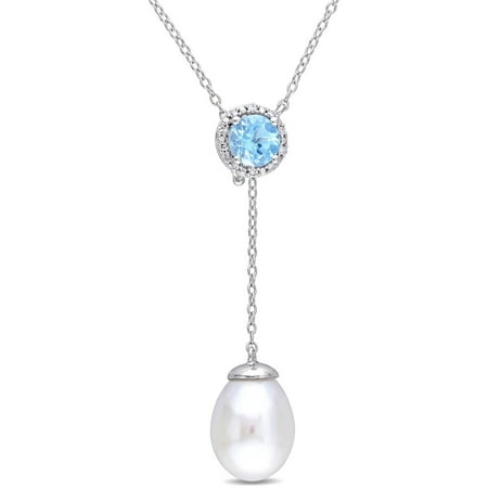 Tangelo 9.5-10mm White Cultured Freshwater Pearl, 1 Carat T.G.W. Swiss Blue Topaz and Diamond-Accent Sterling Silver Lariat Necklace, 17
