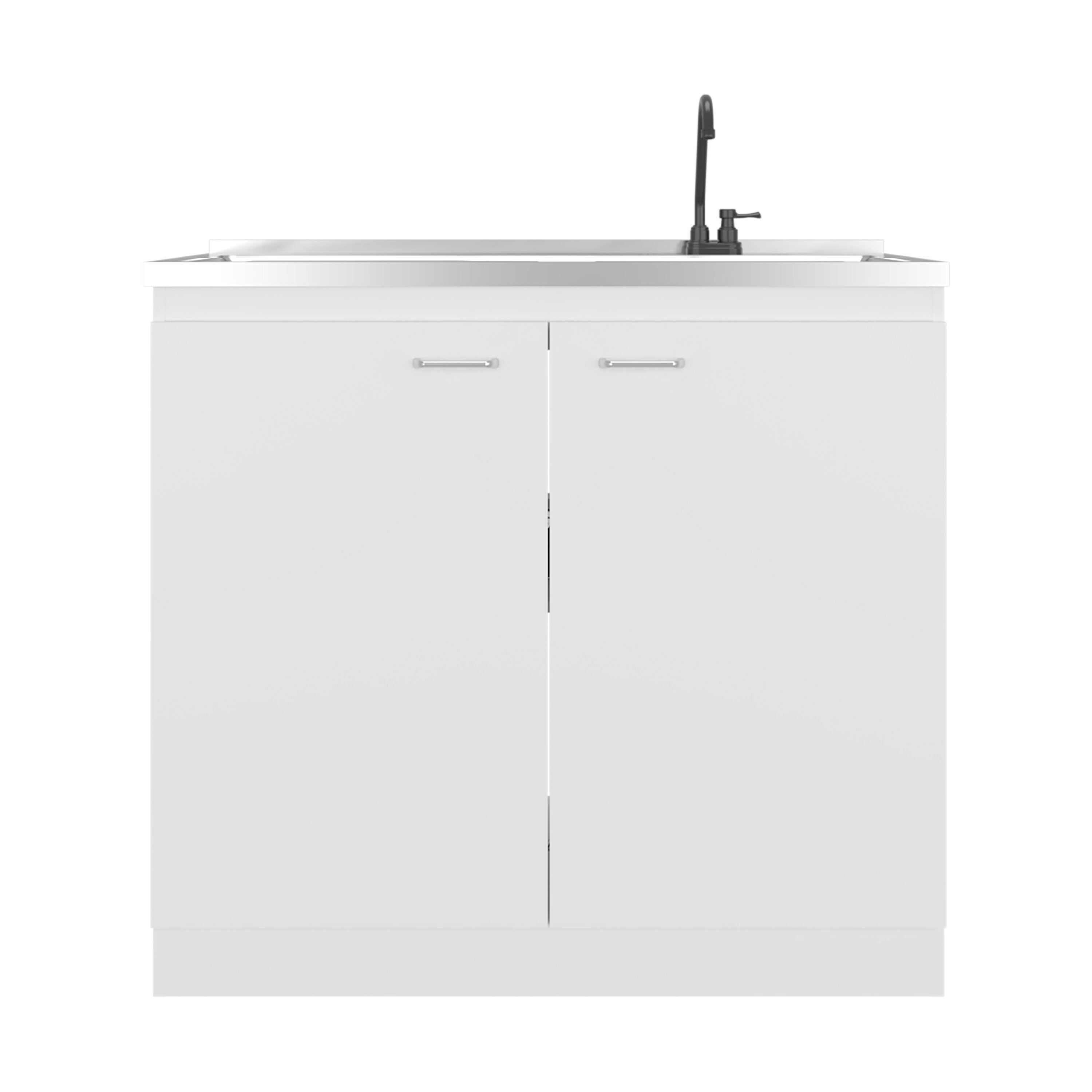Undermount Kitchen Sink, Napoles Utility Sink with Faucet Inclued and Integrated Stainless Steel Counter top, Freestanding cabinet with two doors, Metal Handles and Two interior shelves, White