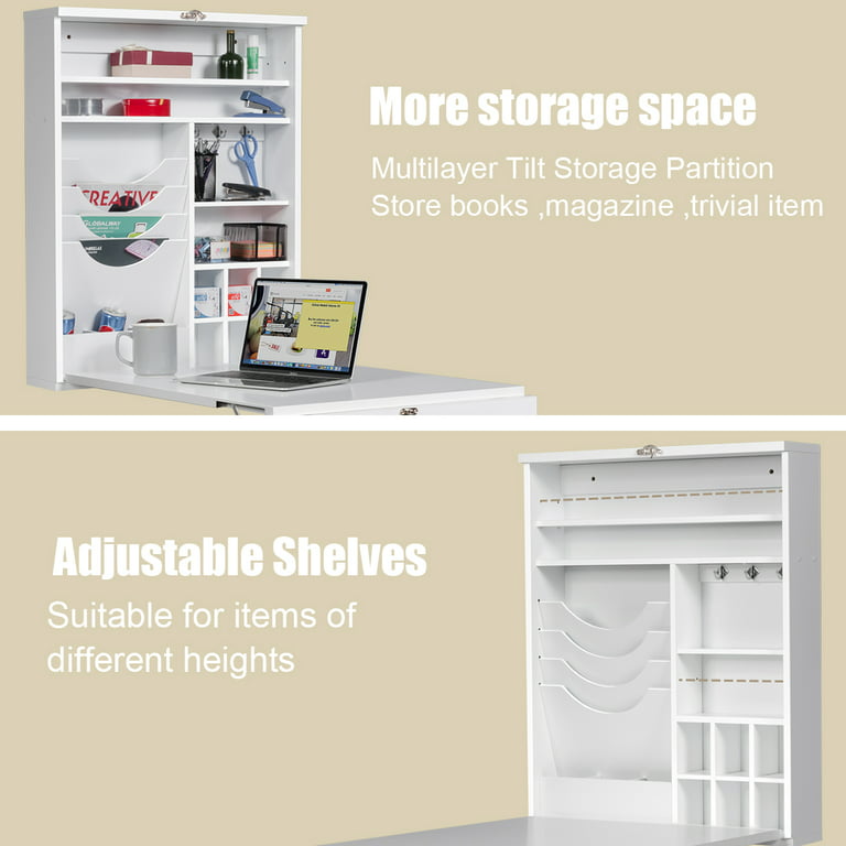 Costway Wall Mounted Computer Convertible Desk Floating Desk W/ Storage  Bookcases White : Target
