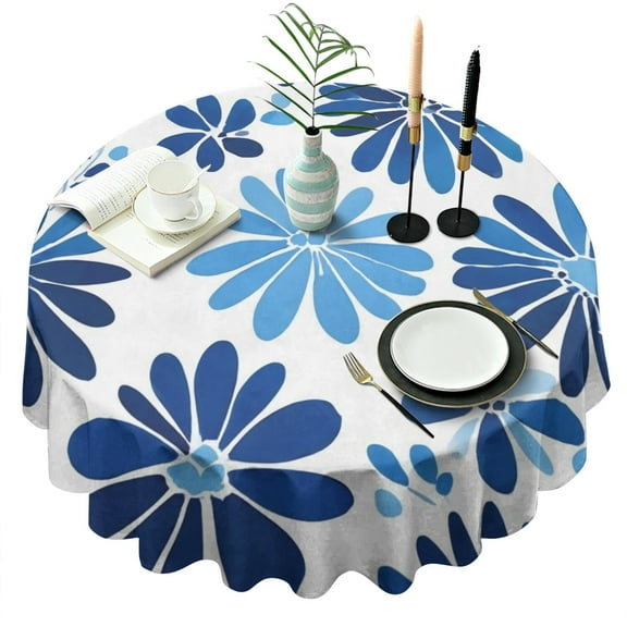 Blue Pioneer Flower Round Tablecloth 60" X 60",Wrinkle Wipeable Table Cloth for Kitchen Dining Room Picnic Patio Party
