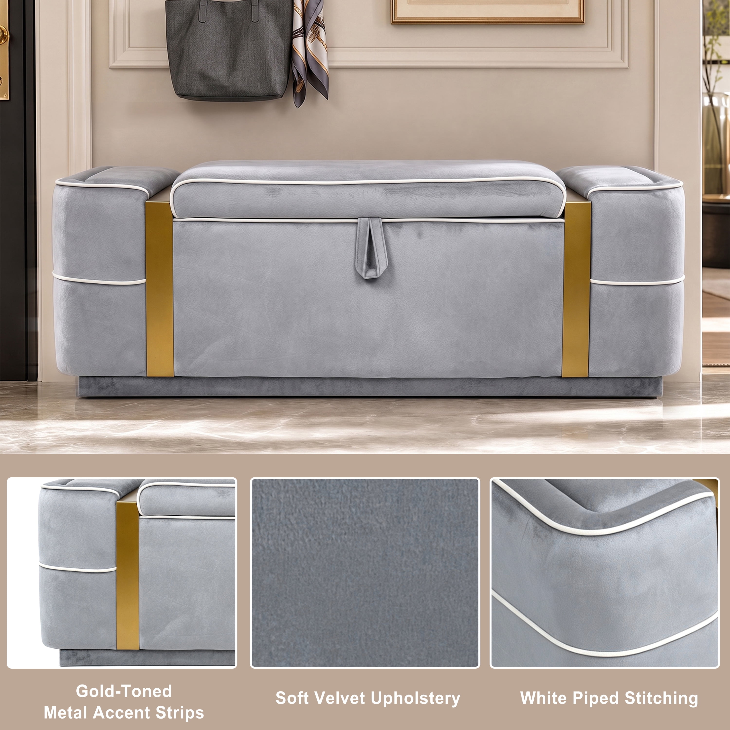 Euroco 47.2" Storage Ottoman Bench,Upholstered End of Bed Bench with Seating, Entryway Bench for Living Room Bedroom,Grey