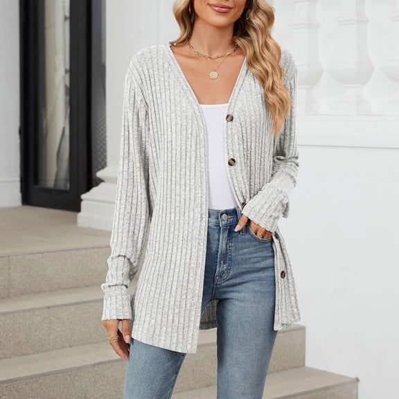 Meichang Womens Cardigan Sweaters Lightweight Open Front Button Ribbed Knit Cardigans V Neck Long Sleeve Fall Sweater Cardigan