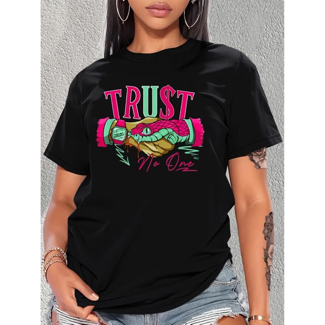 Camiseta informal de moda para mujer con estampado creativo de serpiente y apretón de manos, cuello redondo, manga corta, algodón, lavable a máquina, estilo informal, primavera/verano/otoño, top depor