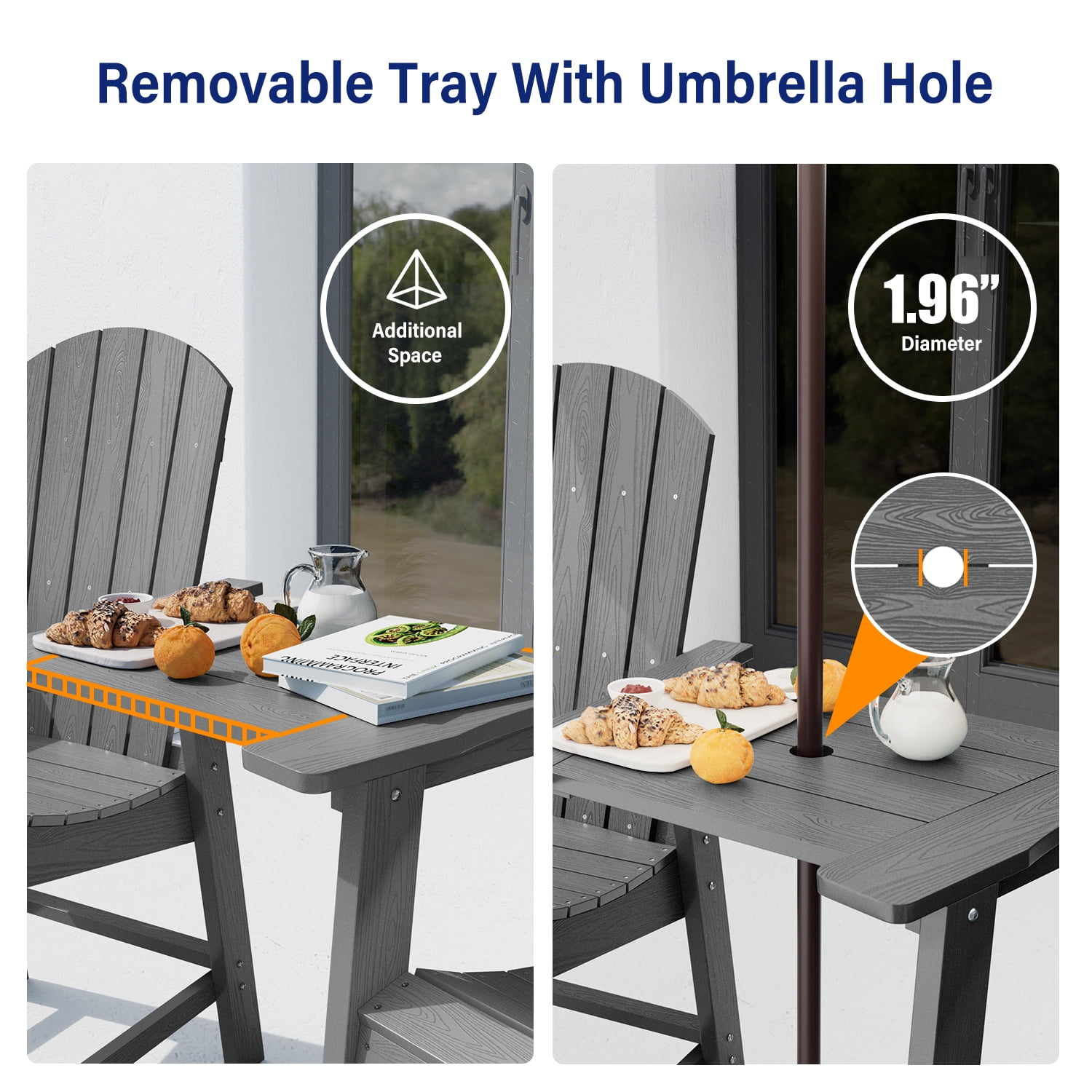 WINSOON Tall Adirondack Chair Set of 2 with Connecting Tray,Outdoor Bar Stools-Grey