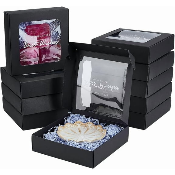 10pcs Black Mini Paper Boxes PVC Window Gift Boxes Square Present Boxes