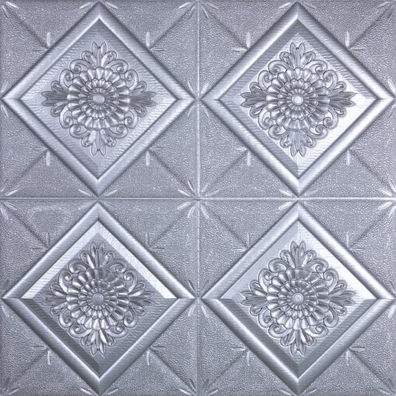 Dundee Deco Peel and Stick 3D Self Adhesive Foam Wallpaper - Dark Silver Stylized Flowers in Diamonds, 2.3 ft x 2.3 ft Each, 10-Pack