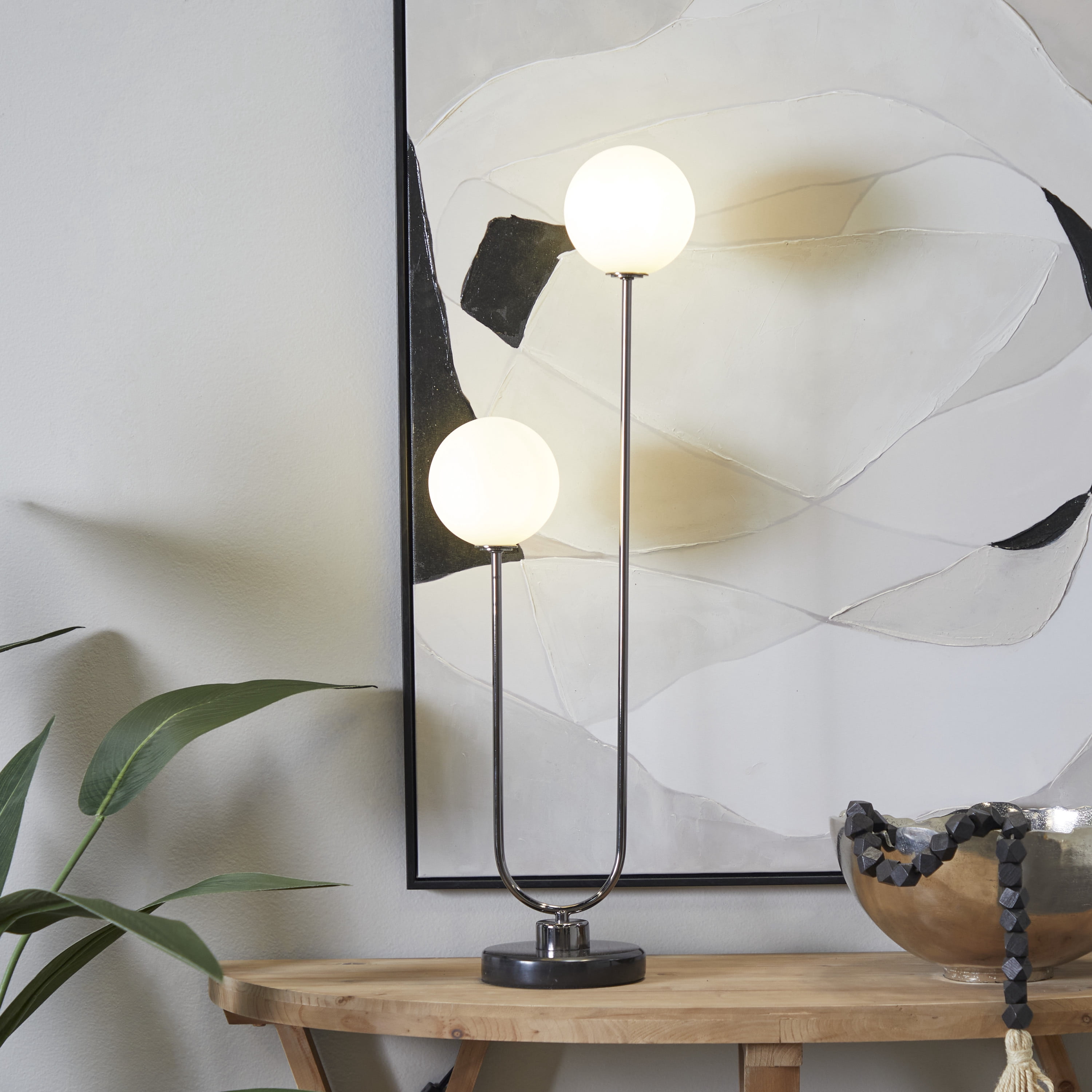 DecMode 31" 2 Light Orb Silver Table Lamp with White Glass Shade