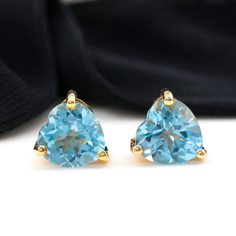 7 mm Heart Shape Solitaire Stud Earrings 3 ct Swiss Blue Topaz Studs December Birthstone Earrings Sagittarius Zodiac AAA Quality 14K Yellow Gold