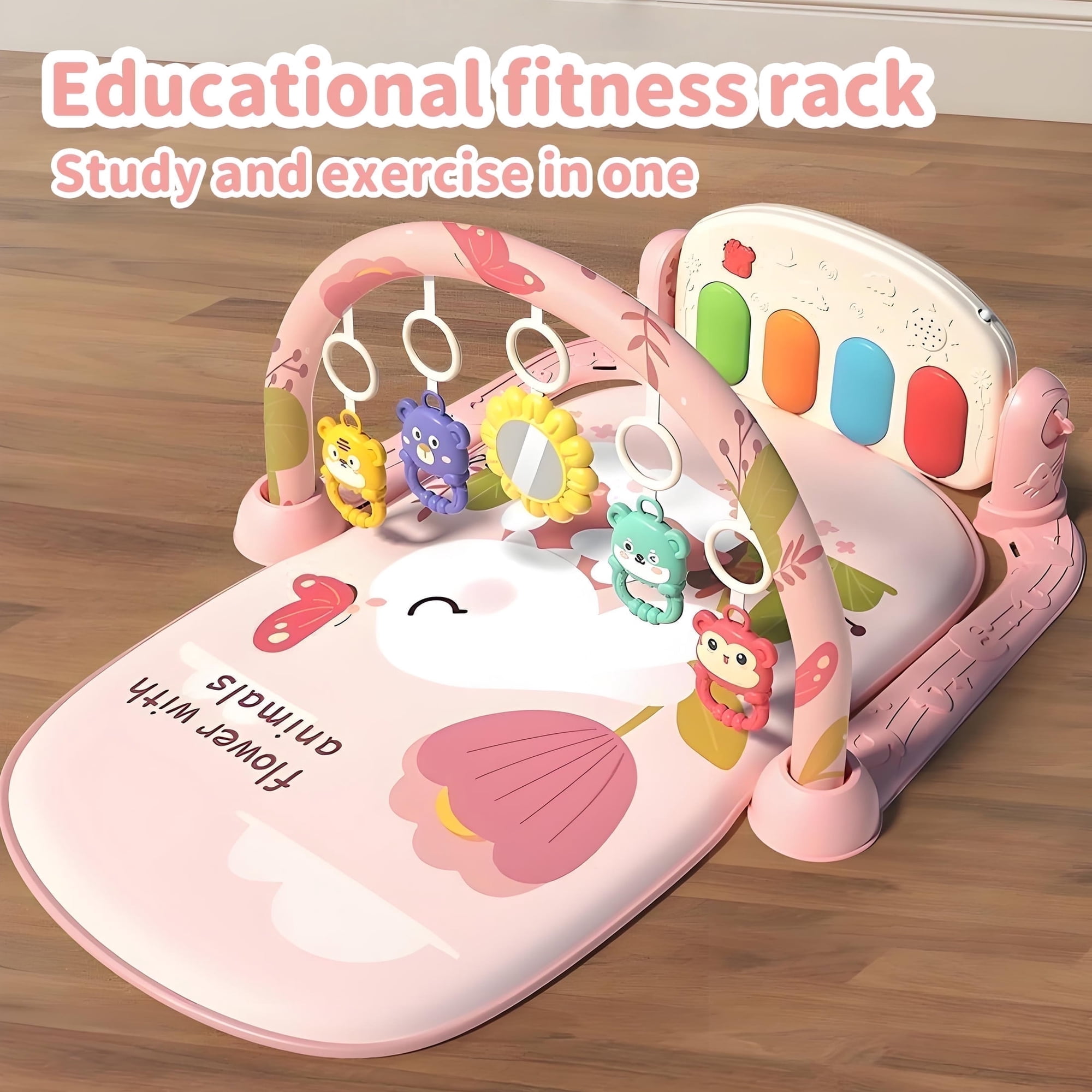 KOPPOP Baby Play Mat with Piano Toys, Tummy Time Activity Gym for Infants 0-12 Months, Bunny Playmat Newborn Gift Boy Girl