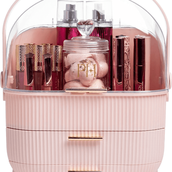 Makeup Storage Organizer with Lid, Cosmetics and Skincare Organizer for Vanity, Portable Makeup Storage Box for Countertop, Fluted Design with Gold Accents