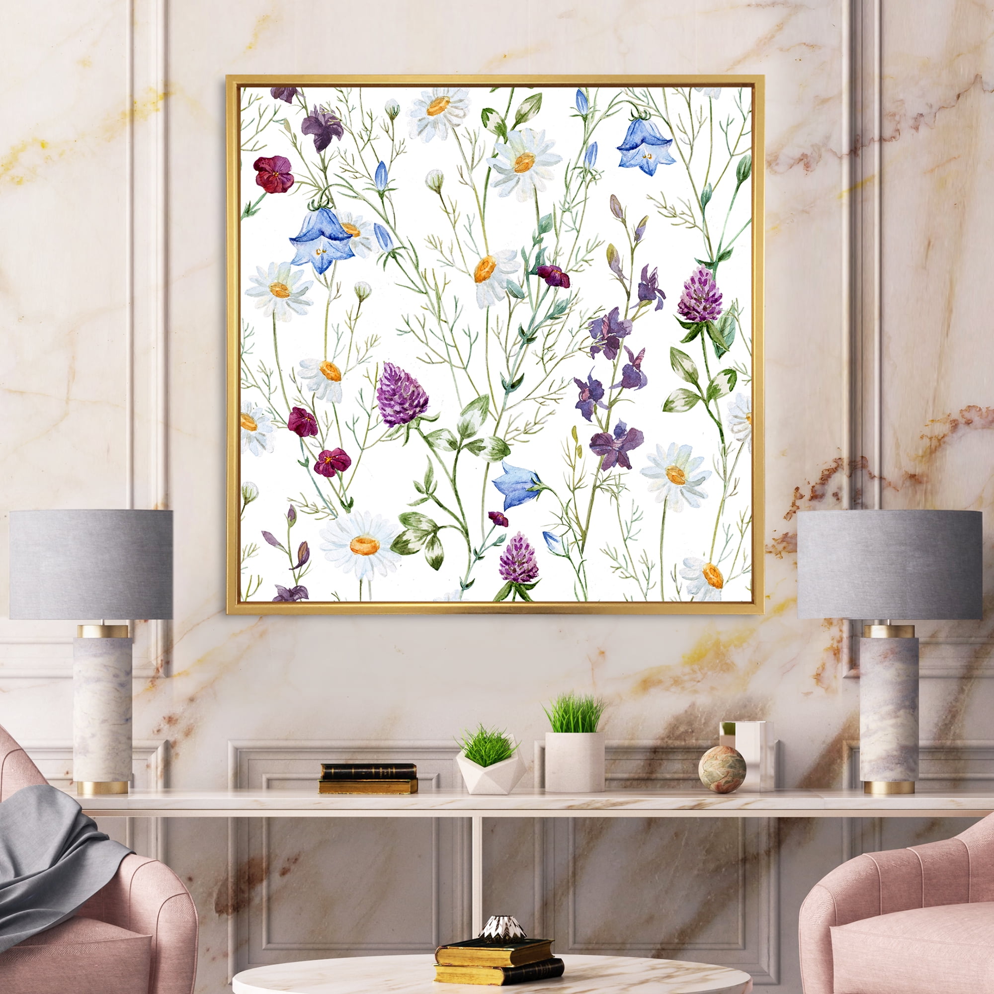Designart 'Wildflowers Clover Bell and Chamomile I' Traditional Framed Canvas Wall Art Print