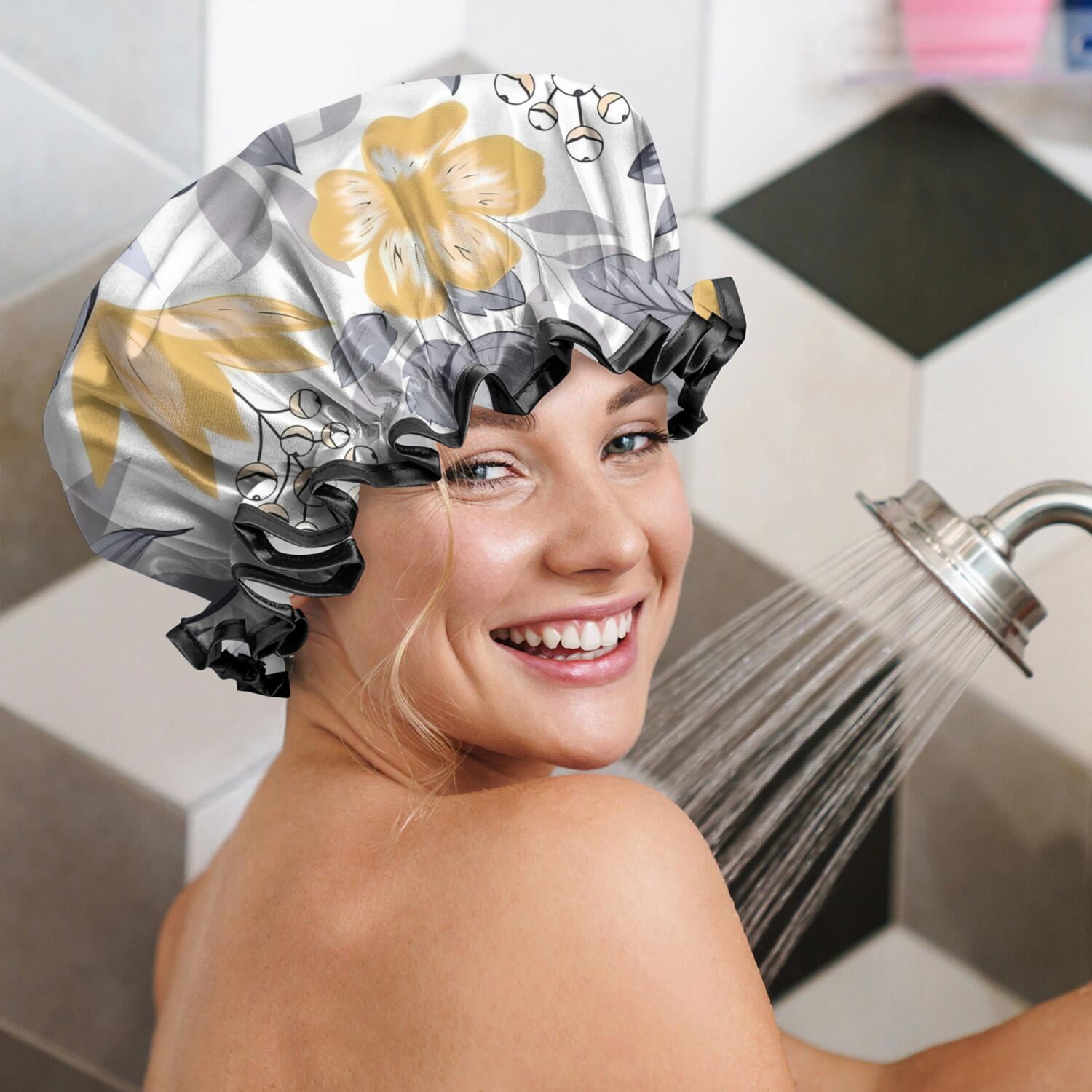Shower Caps,Pioneer Flower Floral Print Pattern Waterproof Shower Cap for Women 4 Pieces,Double Reusable Hair Cover for Shower PEVA Elastic Stretch Hem
