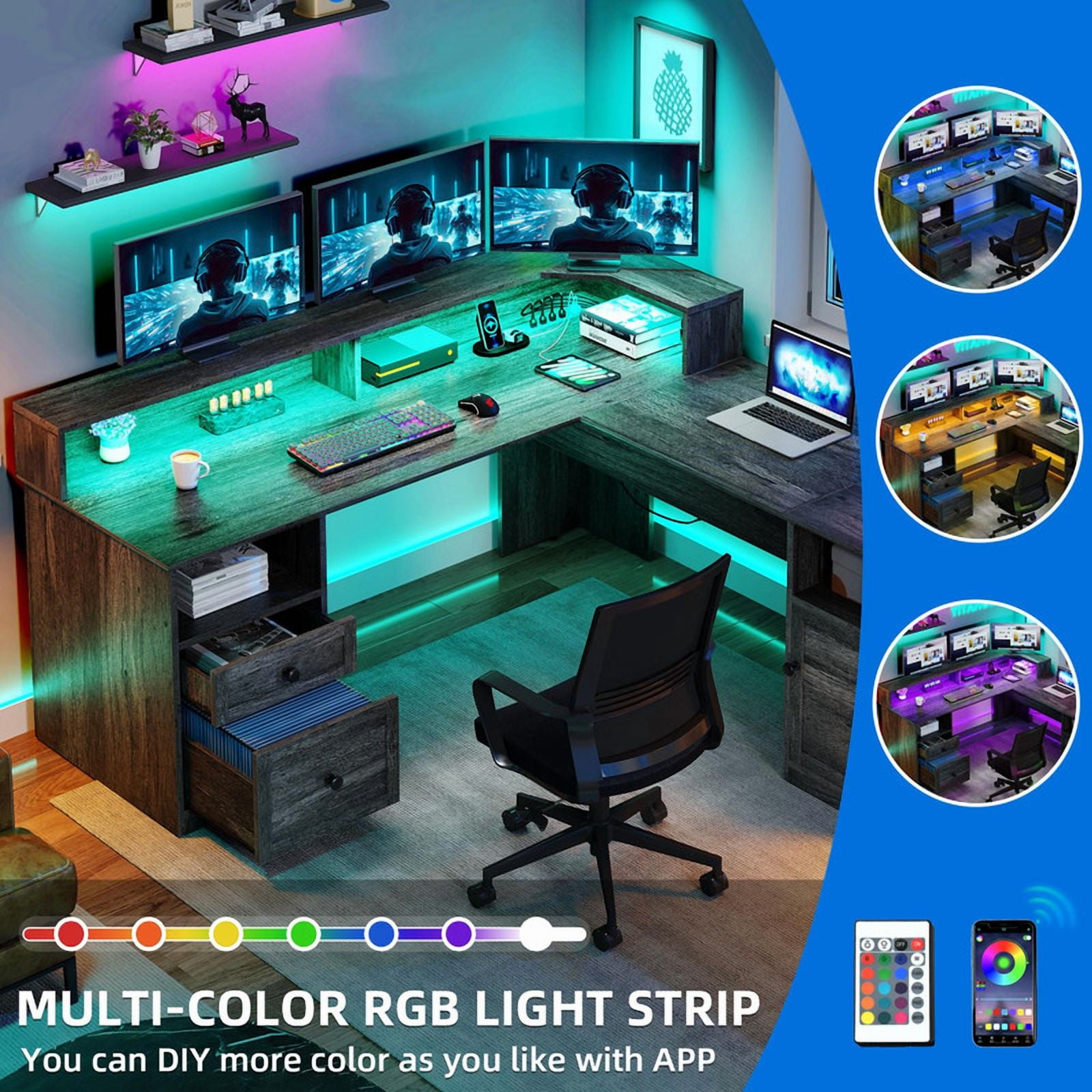 Uforic L Shaped Computer Desk with Power Outlet&LED Lights&File Drawer, 59 '' Corner Computer Table with Hutch& Storage Shelves, Gaming Desk Office Desk with Lift Top For Home Office, Gray