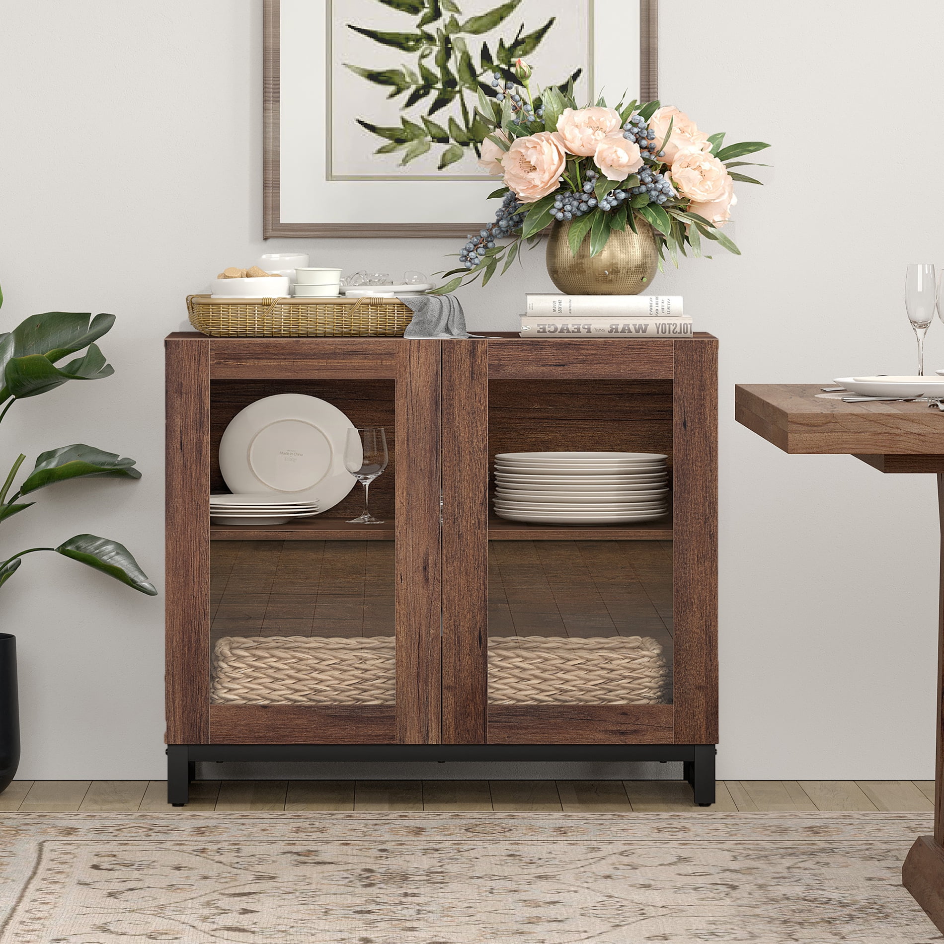 Modern Sideboard Buffet Cabinet with Glass Doors and Adjustable Shelf Coffee Bar Storage Cabinet for Living Room Kitchen,Brown