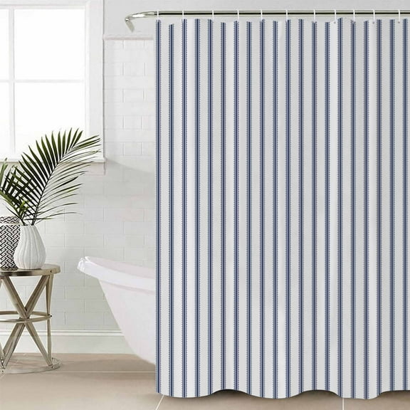 Navy Blue Striped Bathroom Curtain 78 Inch Shower Curtain with Hooks, Navy Blue White Stripes Farmhouse Waterproof Polyester Bath Curtain Washable Bathtub Curtain 54''x 78''