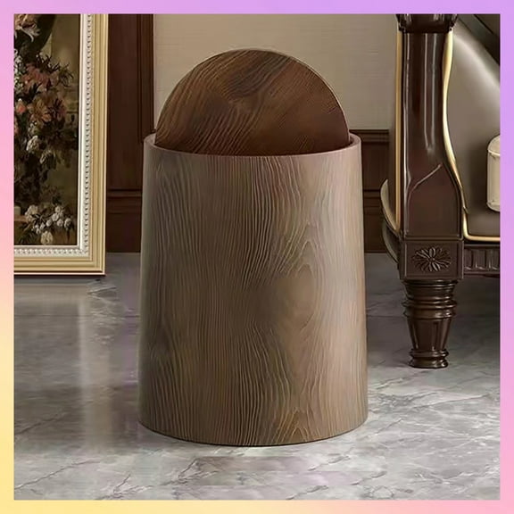 LANBB 2025 New Walnut Brown Wood Grain Bathroom Can with Lid â Rotating Minimalist Design, Detachable Inner Bucket, Odor-Proof Small Garbage Can for Bathroom, Bedroom, Office ()