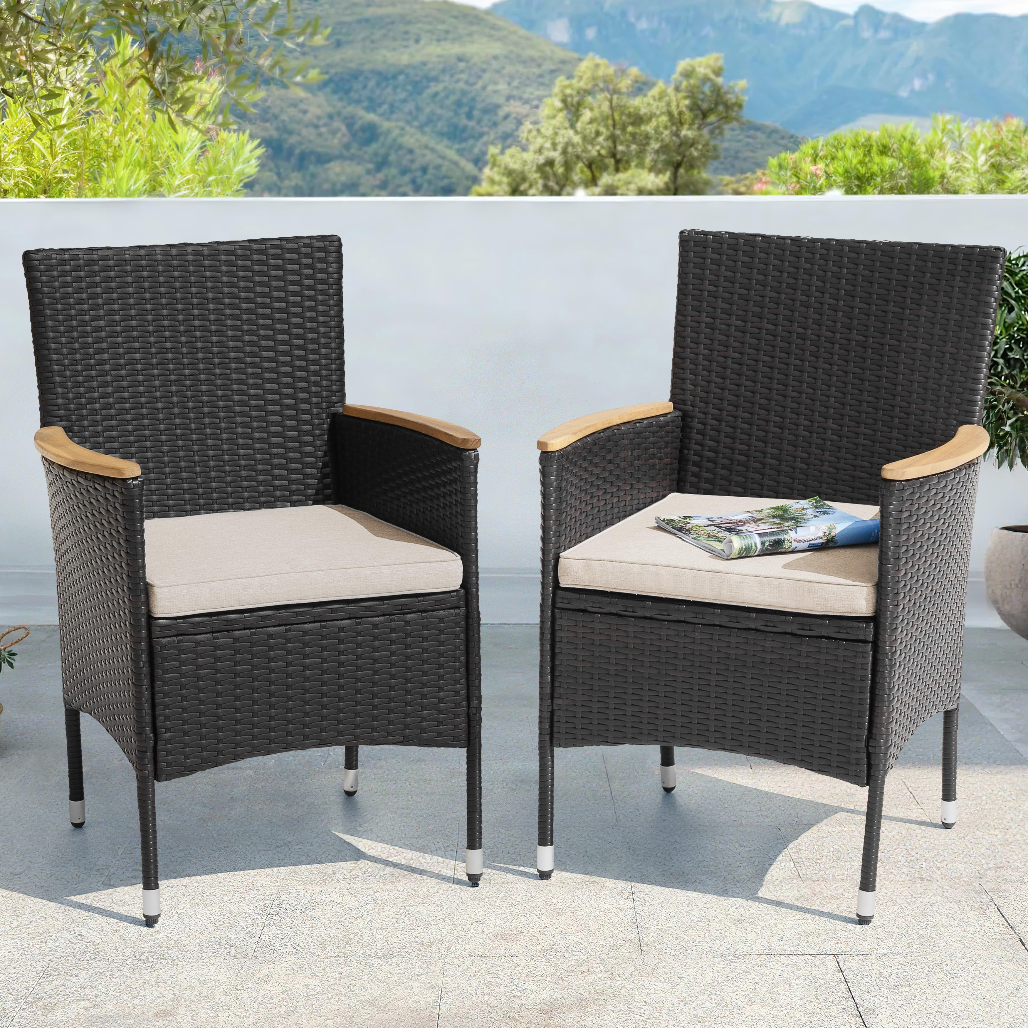 Nuu Garden Patio Chairs Set of 2, Outdoor Dining Chairs with Handwoven Wicker and Acacia Wood Armrests, All Weather Dining Chairs with Cushions for Outside, Black and Beige