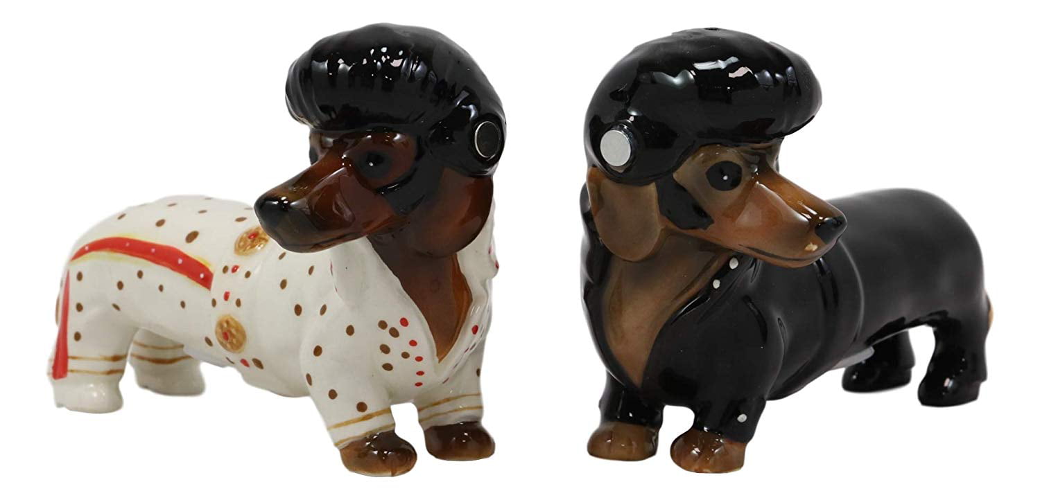 Black red Dachshund Dog Hugging Peace Magnetic Ceramic Salt  Pepper Shakers 