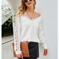 thumbnail image 2 of Suéter con cuello en V y hombros descubiertos para mujer, suéter de encaje de color puro de manga larga para invierno, blanco S, 2 of 7
