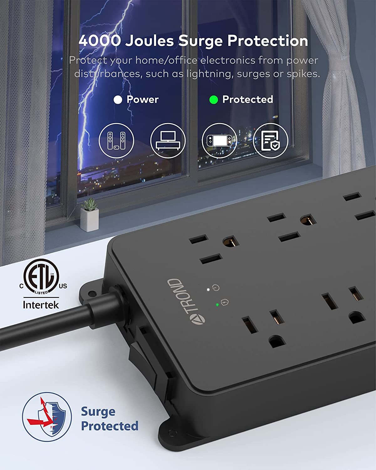 TROND Power Strip Surge Protector, 4000J, ETL Listed, 15A, 10 Widely Spaced Outlets with 4 USB Ports, Flat Plug 5ft Extension Cord, Wall Mountable, 14AWG Heavy Duty, for Home Office Garage, Black