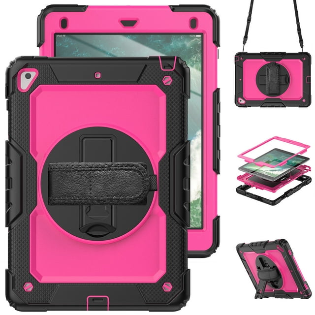 Case for iPad 6th / 5th Gen (2018 2017) / iPad Air 2 / iPad Pro 9.7 inch with Screen Protector, 360 Degree Rotating Kickstand Hand Strap Shockproof Cover with Shoulder Strap, Rose PC