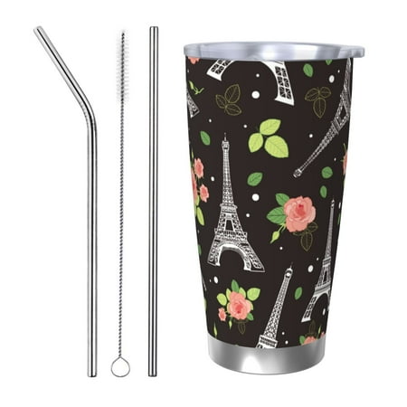 

20oz Straw Three-Piece Set Car Cup For The Coffee Shop Office Car Sports Home Easy To Carry Out Flowers Eifel Tower Paris Black