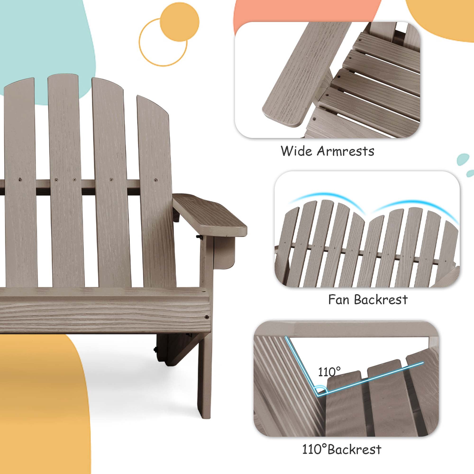 Costway 2 Person Adirondack Chair Kid Solid Wood Loveseat Backrest Arm Rest Patio Gray
