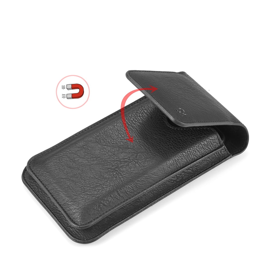 6.5-inch Vertical Black PU Leather Universal Cell Phone Holster Pouch with Belt Loop, Carabiner Clip, and Card Slots
