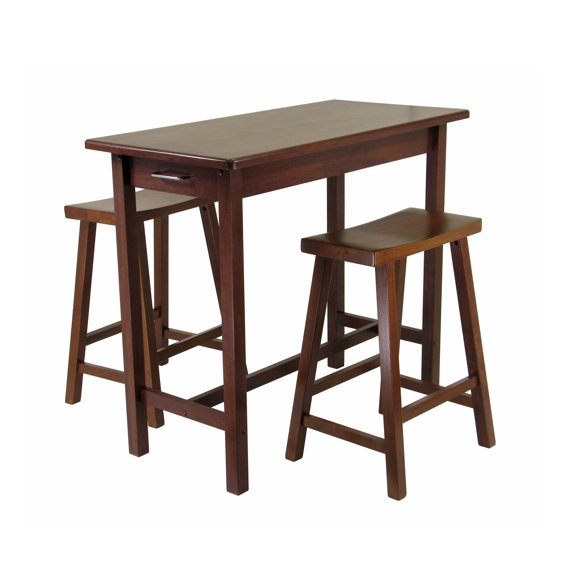 Contemporary Home Living Set of 3 Walnut Brown Wooden Kitchen Island with Saddle Seat Stools 39.25"
