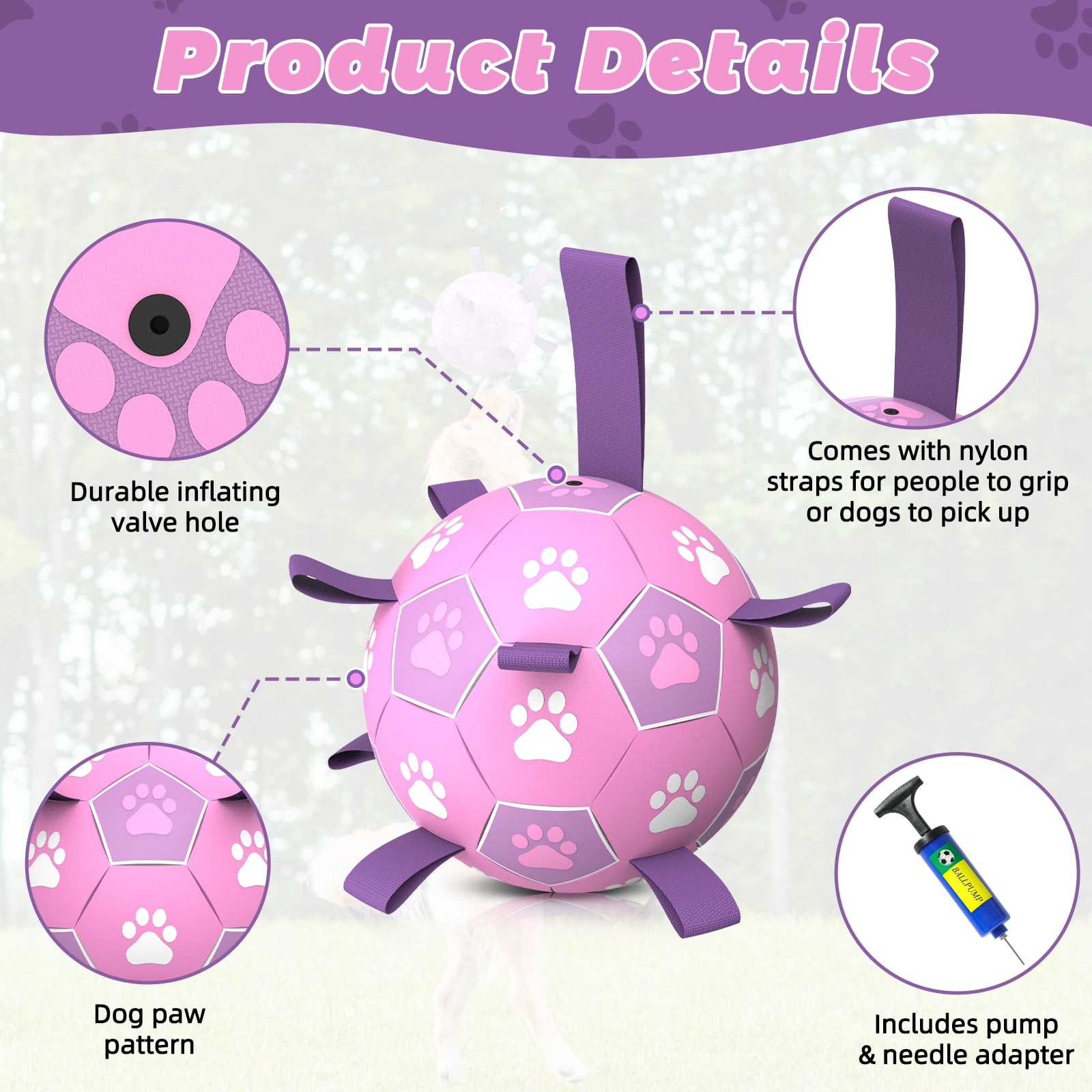 QDAN Durable Dog Toys Soccer Ball with Nylon Straps Hand Pump for Puppies Medium Large Dogs, Pink & Purple, 6-inch