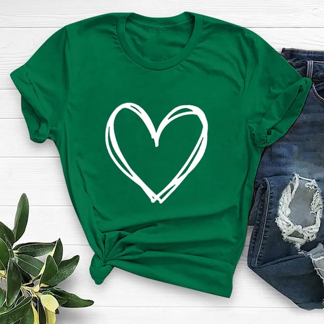 Meichang T-Shirts de la Saint-Valentin pour Femmes avec Imprimé Cœur, Manches Courtes, Col Rond, Coupe Ample