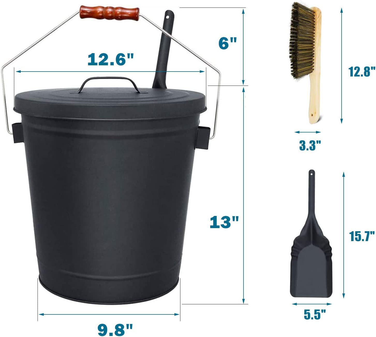 Ash Bucket with Lid and Shovel Hand Broom, 5.15 Gallon Large Galvanized  Iron Metal Fireplace Tools Ash Pail for Fire Places Fire Pits Wood Burning  Stoves Hearth Accessories Indoor Outdoor, Black 