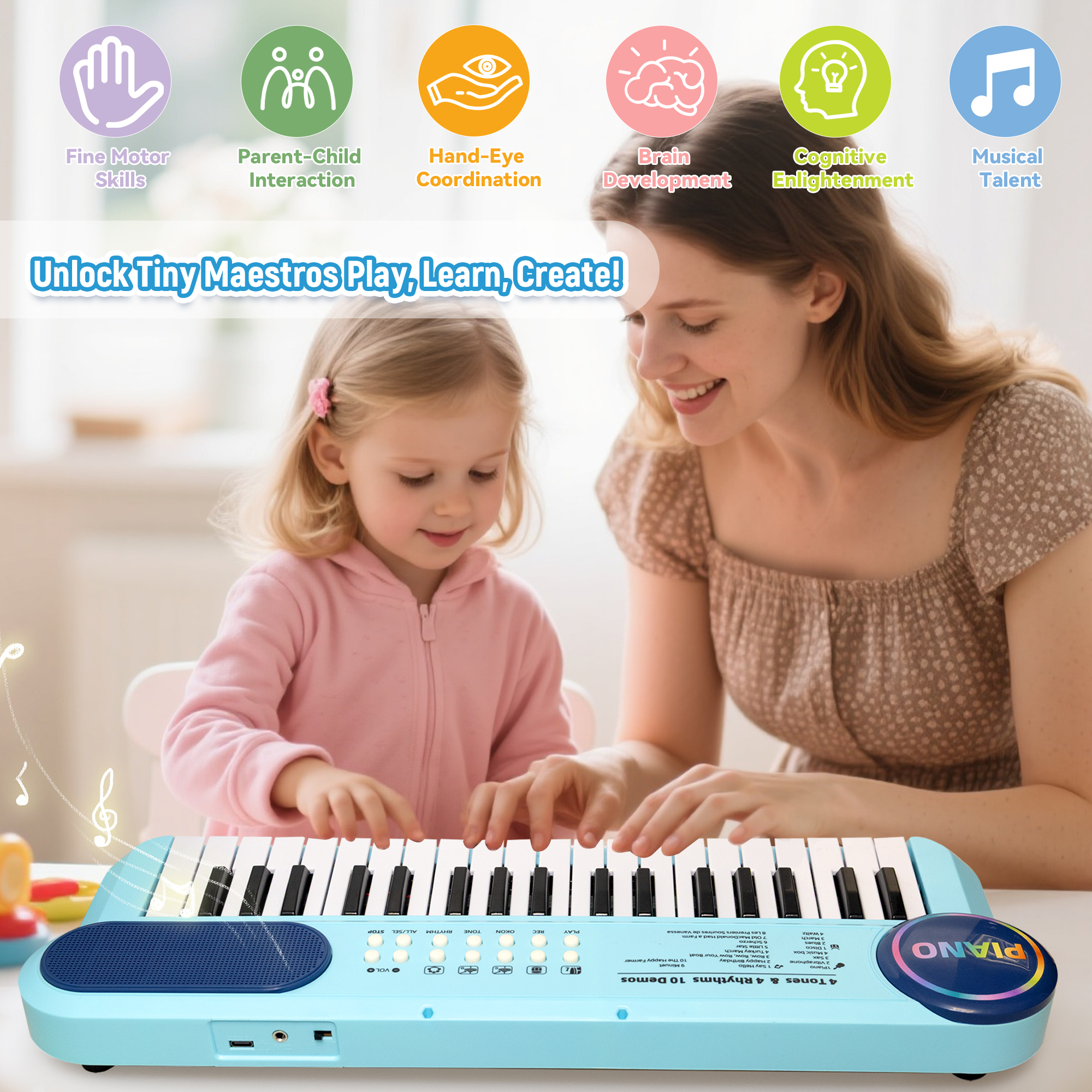 SaveJoy Blue 37-Key Electronic Piano for Toddlers with Microphone photo 2