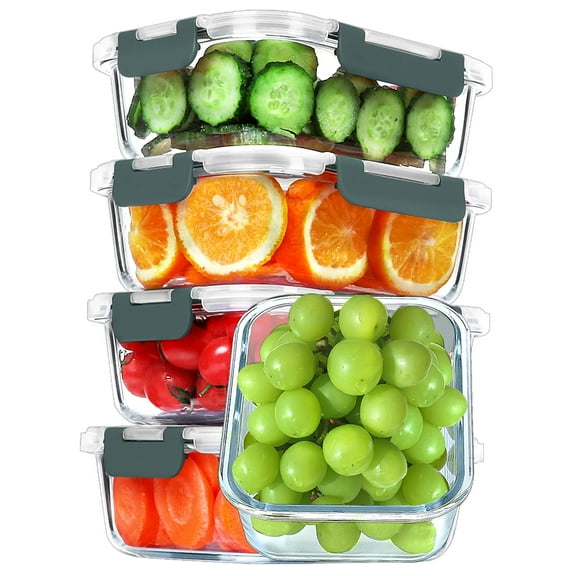 Glass Meal Prep Containers with Locking Lids, 5-Pack 36 Oz Glass Food Storage Containers, Airtight Lunch Container, Microwave, Oven, Freezer and Dishwasher Friendly