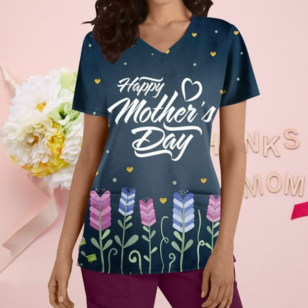 

qolati Women Scrub Tops Fashion Letter Print V Neck Shirt Casual Loose Short Sleeve Workwear Blouse with Pocket