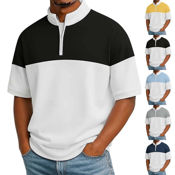 Sookity Men's Zip Up Polos Shirt Fashion Polo Shirts High Collared Crew Neck Short Sleeve T Shirts Vintage Striped Knitting Shirts Casual Slim fit Golf Shirts Black,L