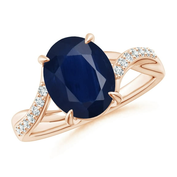 ANGARA Natural 3.3 ct Blue Sapphire Split Shank Ring with Diamond Accents in 14K Rose Gold for Women (Size-10x8mm) | September Birthstone, Anniversary, Jewelry Gift for Women | Natural Sapphire Ring
