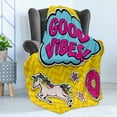 thumbnail image 4 of Chill Soft Flannel Fleece Throw Blanket, Colorful Fun Design Magic Unicorn Speech Bubble Stars and Donut, Cozy Plush for Indoor and Outdoor Use, 70" x 90", Multicolor, by Ambesonne, 4 of 5