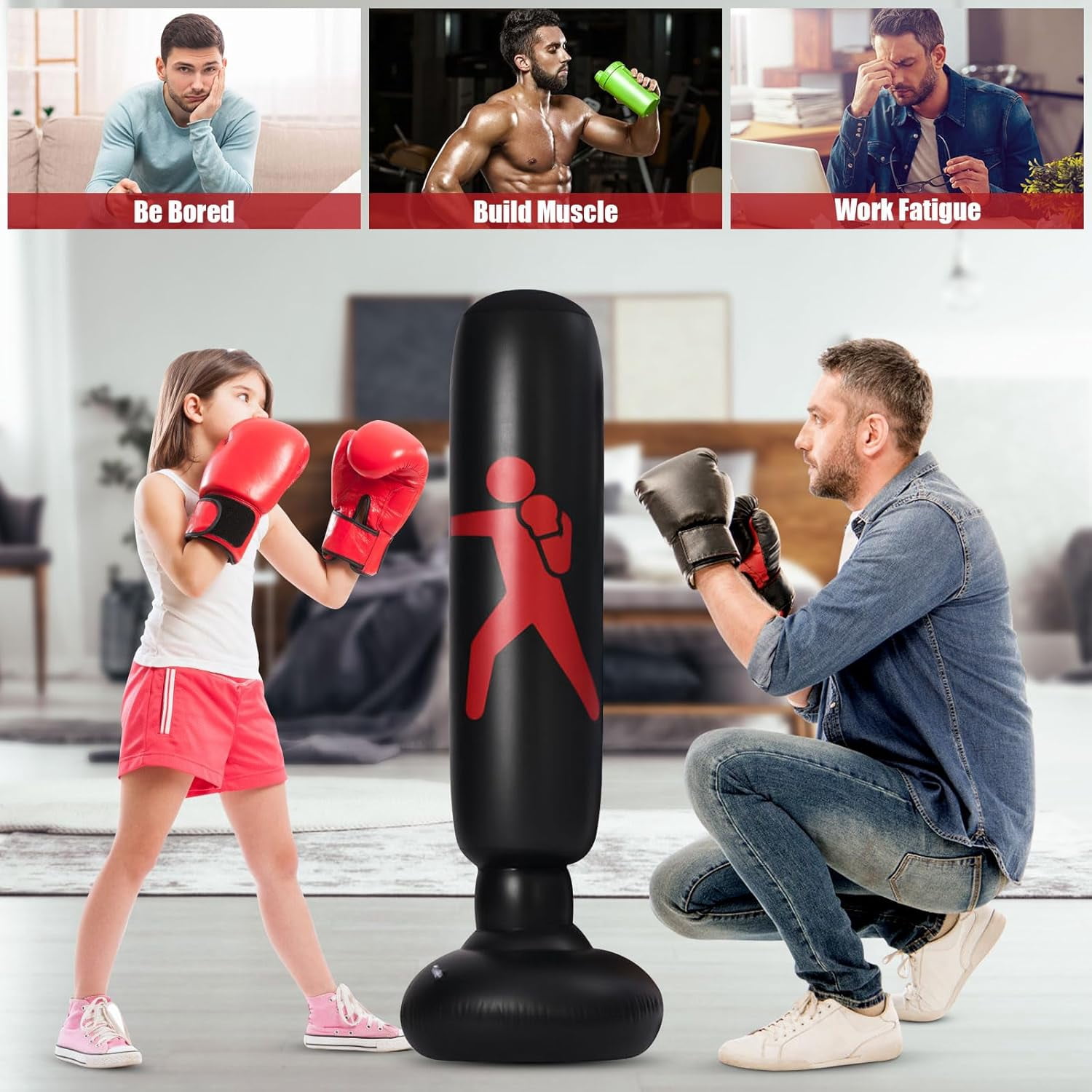 Inflatable Punching Tower Bag, 61" Inflatable Kid Boxing Bag, Children Sports Toy, Free Standing Bounce Back Tumbler, Boxing Column Tumbler Sandbags, for Sparring Boxing Karate Kickboxing