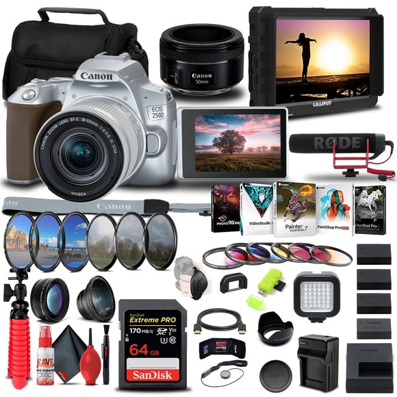 Canon EOS 250D / Rebel SL3 DSLR Camera with 18-55mm Lens (Silver) (3461C001) + 4K Monitor + Canon EF 50mm Lens + Pro Mic + 2 x 64GB Memory Card + Color Filter Kit + Filter Kit + More