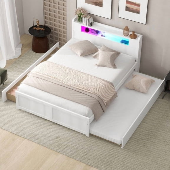 Queen Size Modern Wood Storage Platform Bed with LED Headboard, Trundle and 2 Drawers, No Box Spring Needed for Guest Room, White