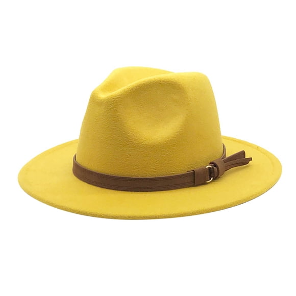 NAZISHW Vintage Wide Brim Fedoras Hat Women Classic Felt Fedora Wide Brim Hat with Belt Buckle Large Felt Panama Rancher Hat (Yellow,One Size)