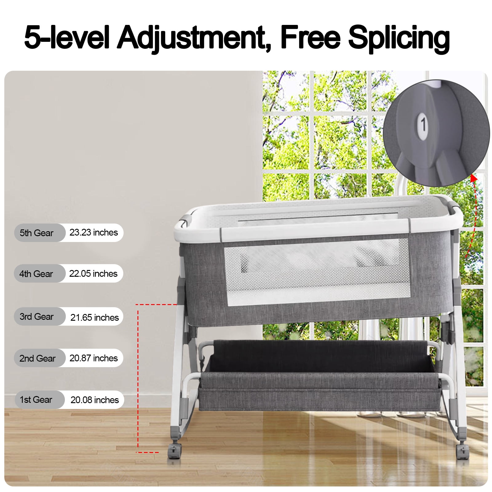 KFeng Baby Bassinet with Changing Table & Wheel,Adjustable Height for 0-36 Months,Gray