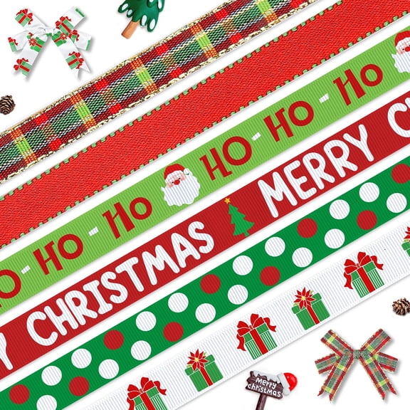 Hsomely 6 Rolls 60 Yards 3/8" Merry Christmas Grosgrain Ribbons, Red Green Buffalo Plaid for Gift Wrapping DIY Crafts Decor