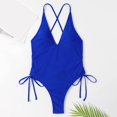 thumbnail image 4 of Sngxgn Women V Neck Swimsuits Tummy Control Ruched Swimwear Halter Bathing Suit(Blue,L), 4 of 5