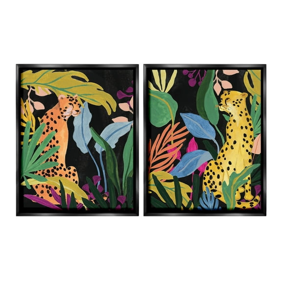 Stupell Industries Leopards & Tropical Leaves Animals & Insects Painting Black Floater Framed Canvas Art Print Wall Art, 17 x 21, Set of 2
