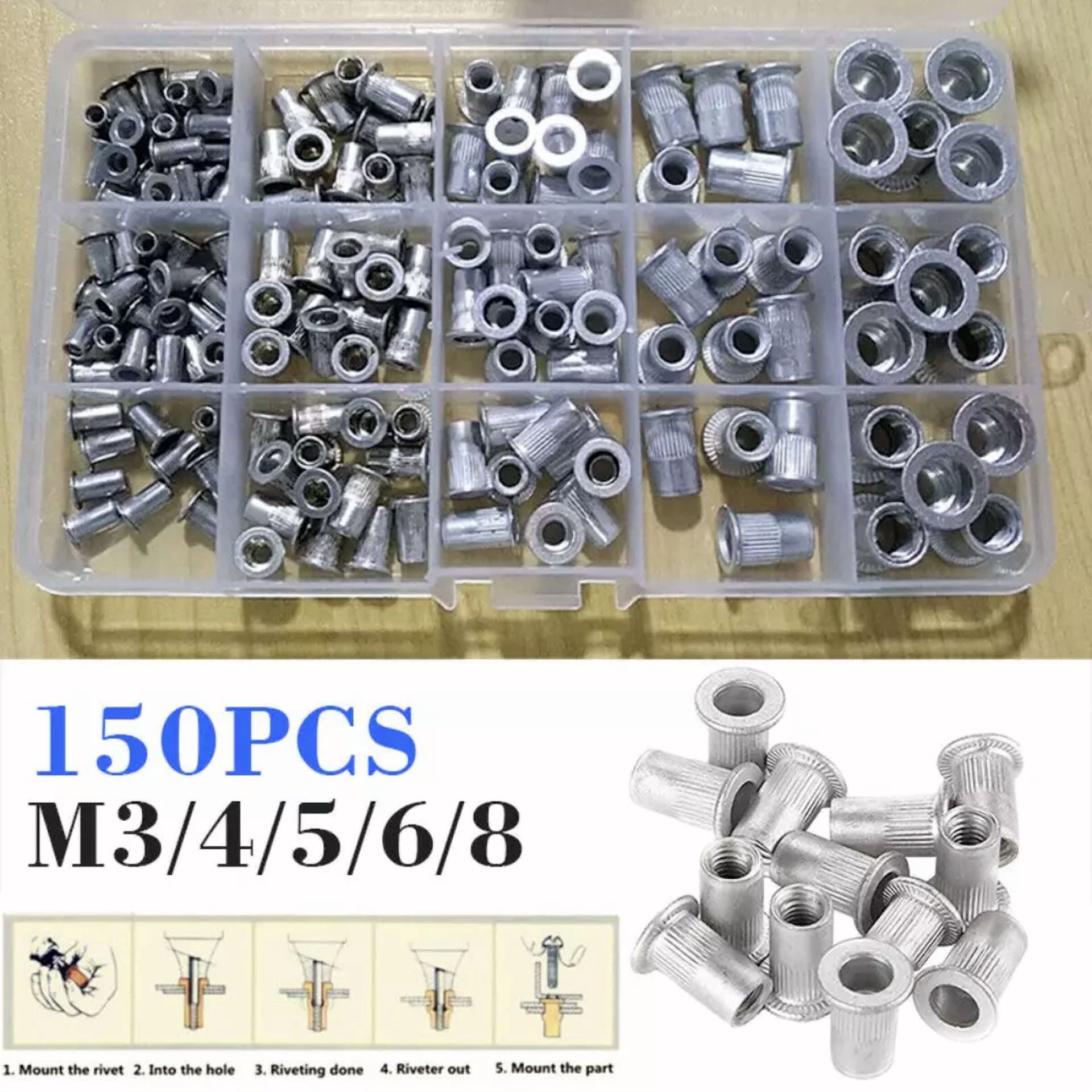 CIRCLE- 150Pcs Rivet Nut Flat Head Threaded Insert Aluminum Rivet Nutsert Set Kit