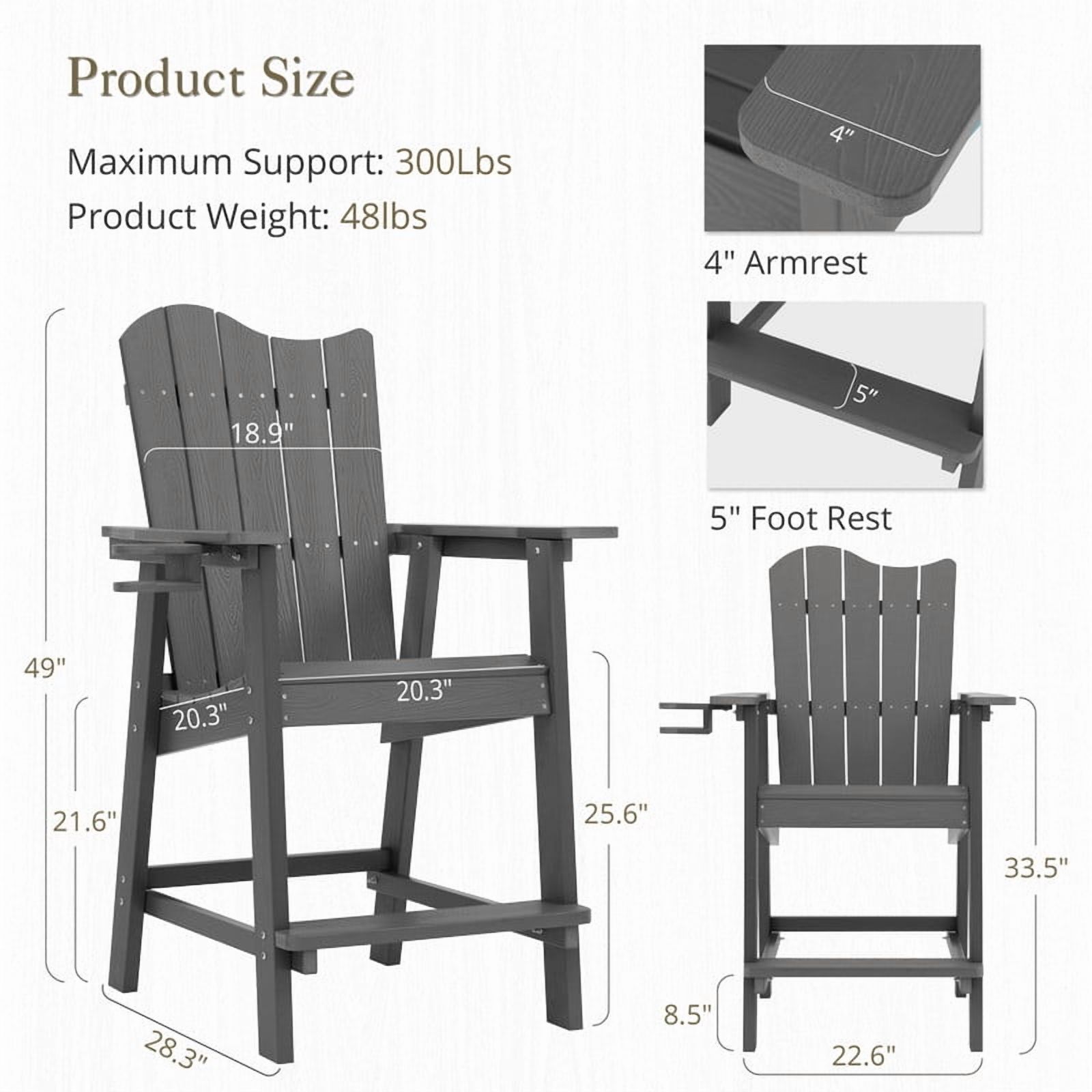 Dycanpo 25.6'' Tall Adirondack Chair with Cup Holder,All-Weather Outdoor Bar Stools,HDPS-Dark Gray