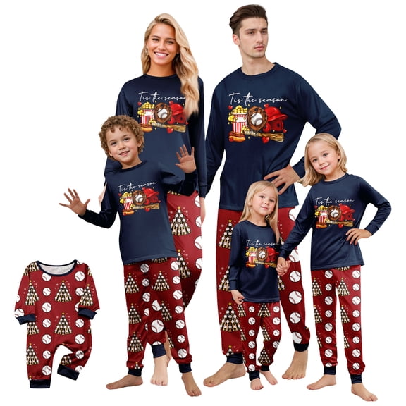 Family Christmas Pajamas Matching Sets, Baseball Tis The Season Print Long Sleeve Top & Pants Christmas Pajamas for Family, 2 Piece Holiday Sleepwear Xmas Family Pjs Set
