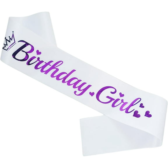 Birthday Girl Sash White, Purple Foil Birthday Sash for Girl Funny Birthday Party Decorations, 16 18 21st Bday Sash Gift Ideas
